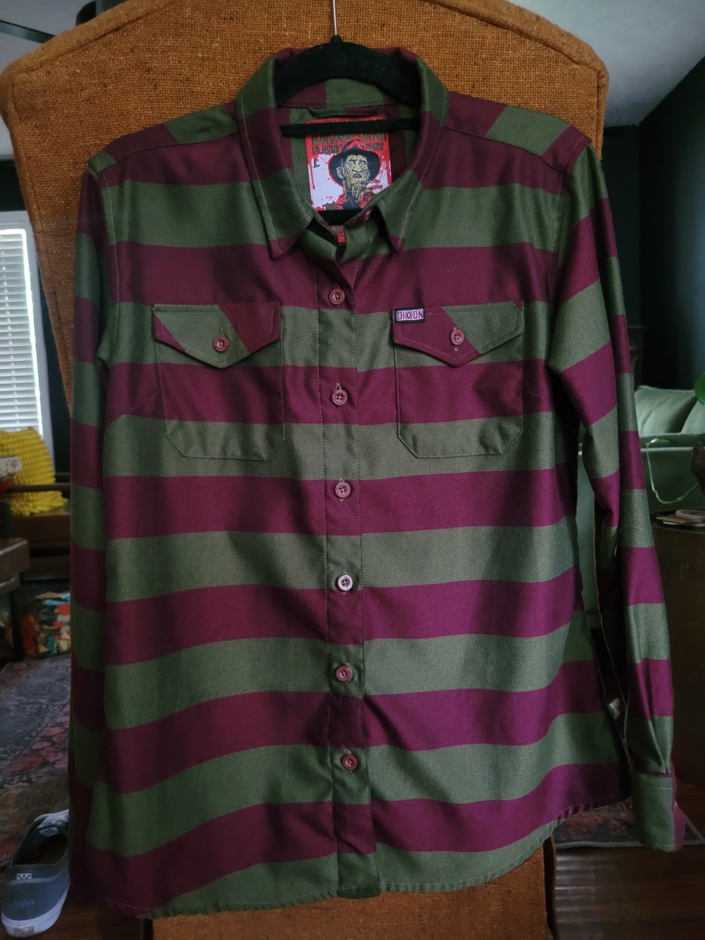 DIXXON The KRUEGER - WOMENS Striped Button-Down Shirt in Olive and Burgundy